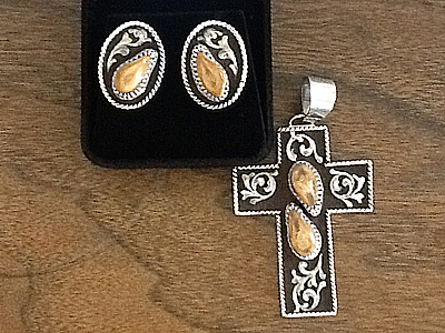 elk ivory earrings and cross necklace